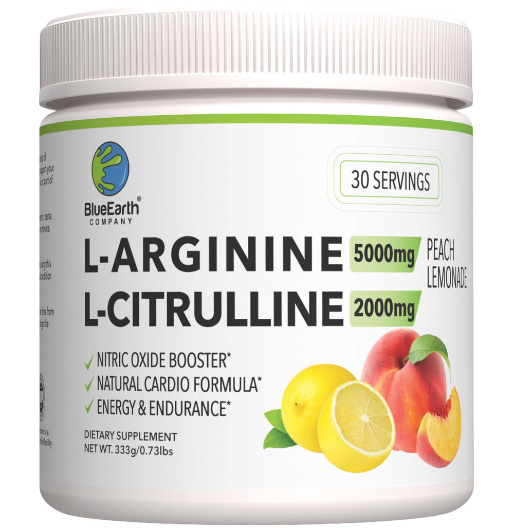 BlueEarth L-Arginine and L-Citrulline powder bottle close-up showing the supplement.