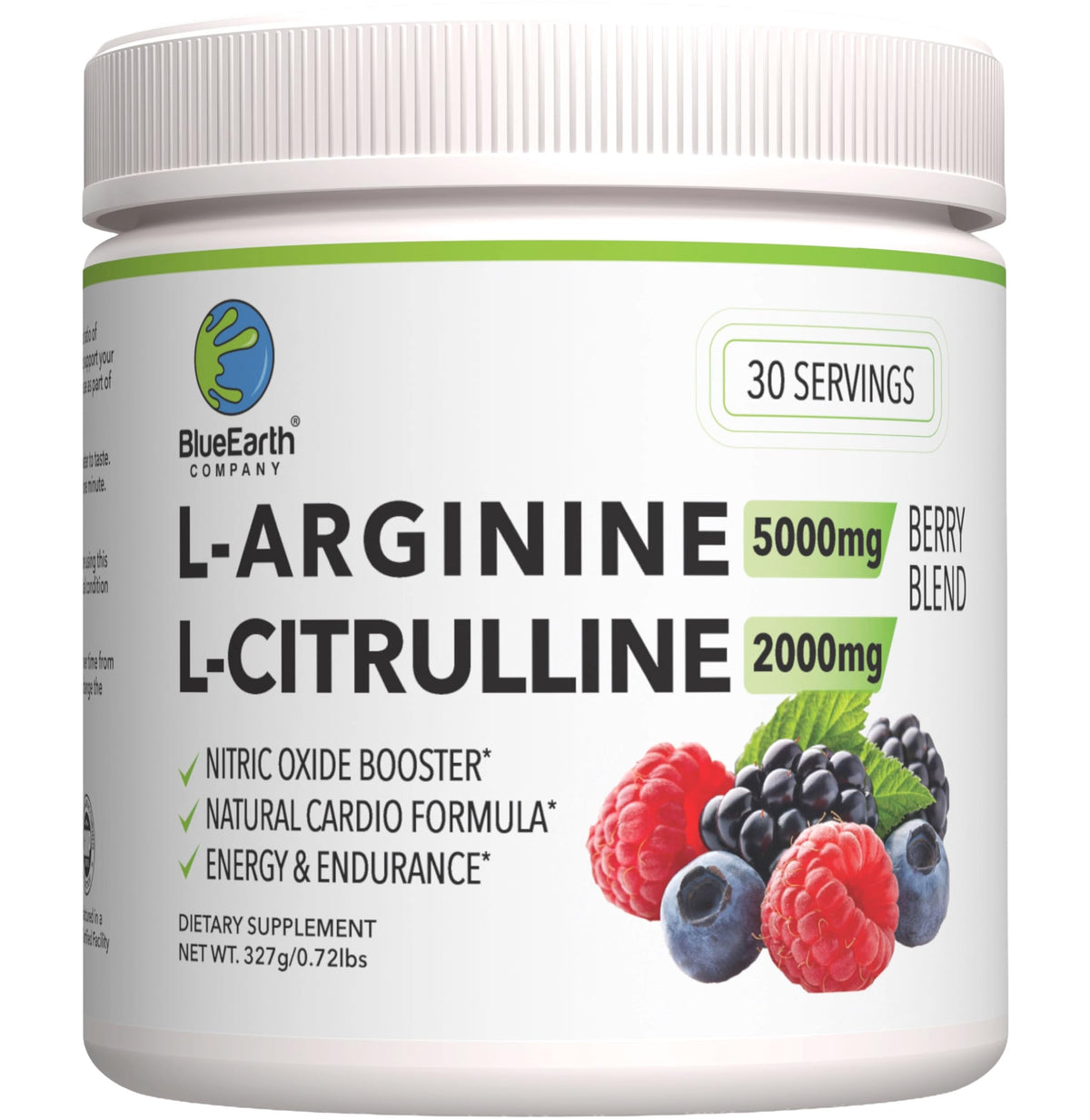 BlueEarth Company arginine-citrulline bottle suggesting potential heart health support and daily use.