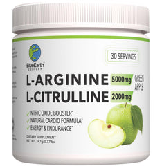 BlueEarth Company green apple powder tub; refreshing daily supplement for energy and blood flow support.