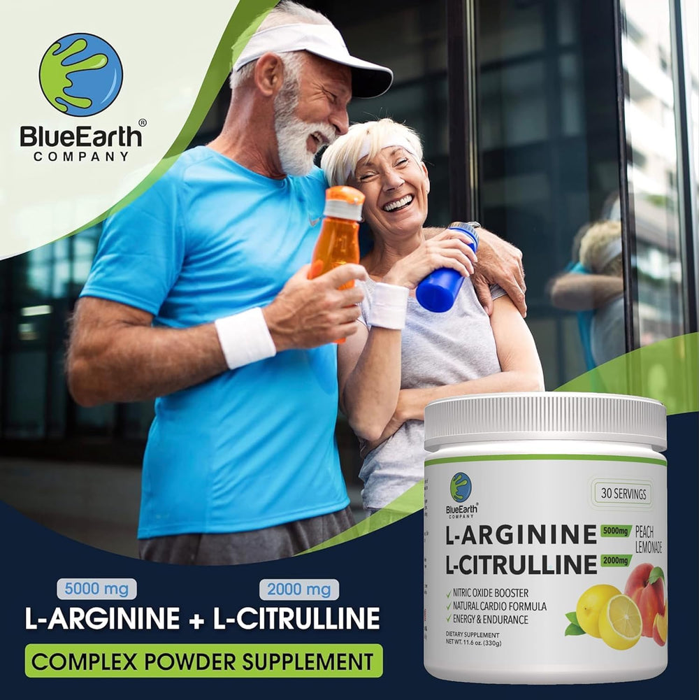 BlueEarth bottle label close-up highlighting L-Arginine and L-Citrulline benefits.
