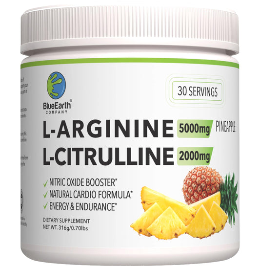 BlueEarth pineapple arginine powder tub for easy daily use and potential energy support.