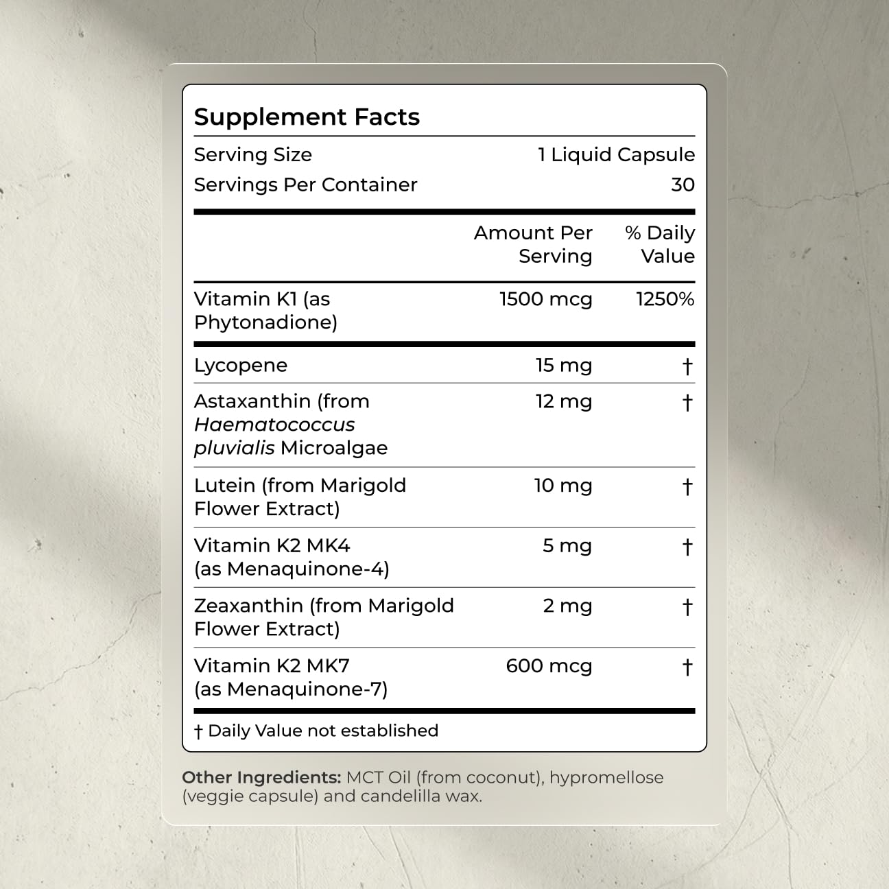Label detail with Vitamin K1, MK-7, and MK-4 nutrient symbols.