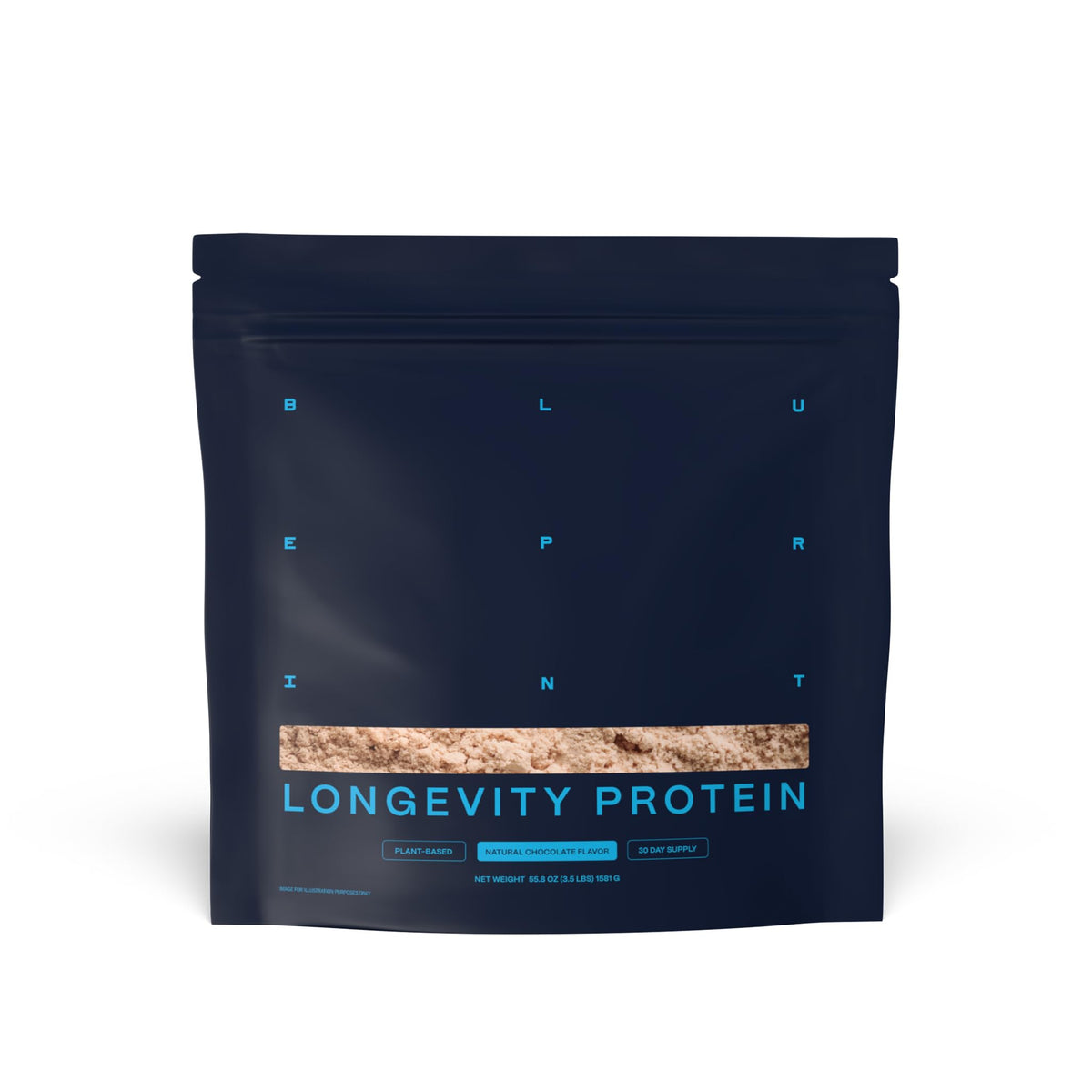 Blueprint Bryan Johnson chocolate protein powder bottle highlights clean vegan protein for daily fueling.
