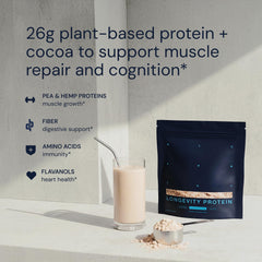 Blueprint Bryan Johnson chocolate protein powder mixed with liquid demonstrates smooth texture without chalky aftertaste.