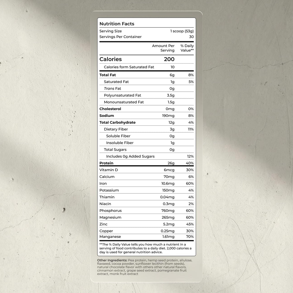 Blueprint Bryan Johnson protein powder scoop shows 26g protein per serving for plant-based nutrition.
