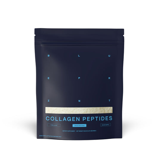 Blueprint Bryan Johnson collagen powder jar highlights a clean daily skin and joint support formula.
