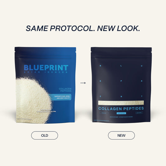 Blueprint Bryan Johnson daily 20g serving showcases convenient collagen for hair, skin, and nails.