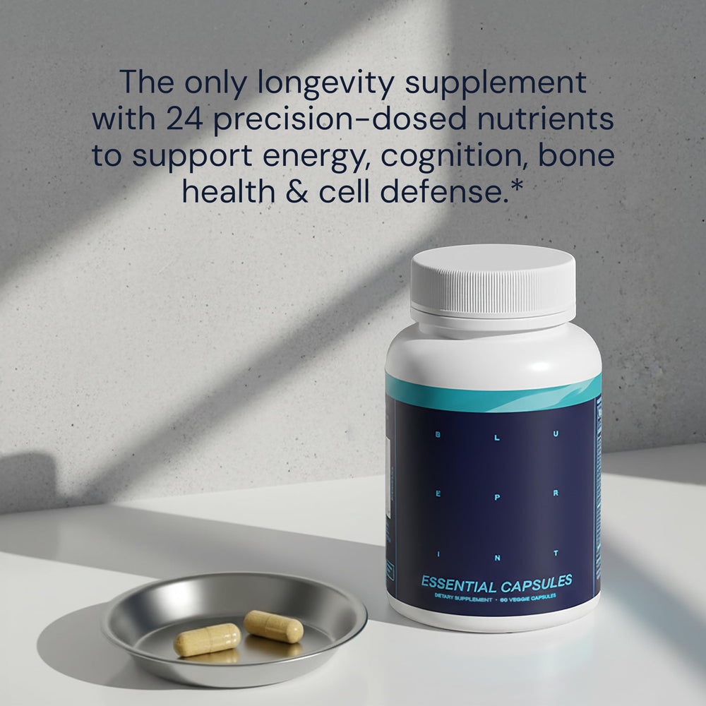 Blueprint Bryan Johnson Essential Capsules ingredients scene with ubiquinol and fisetin highlighted