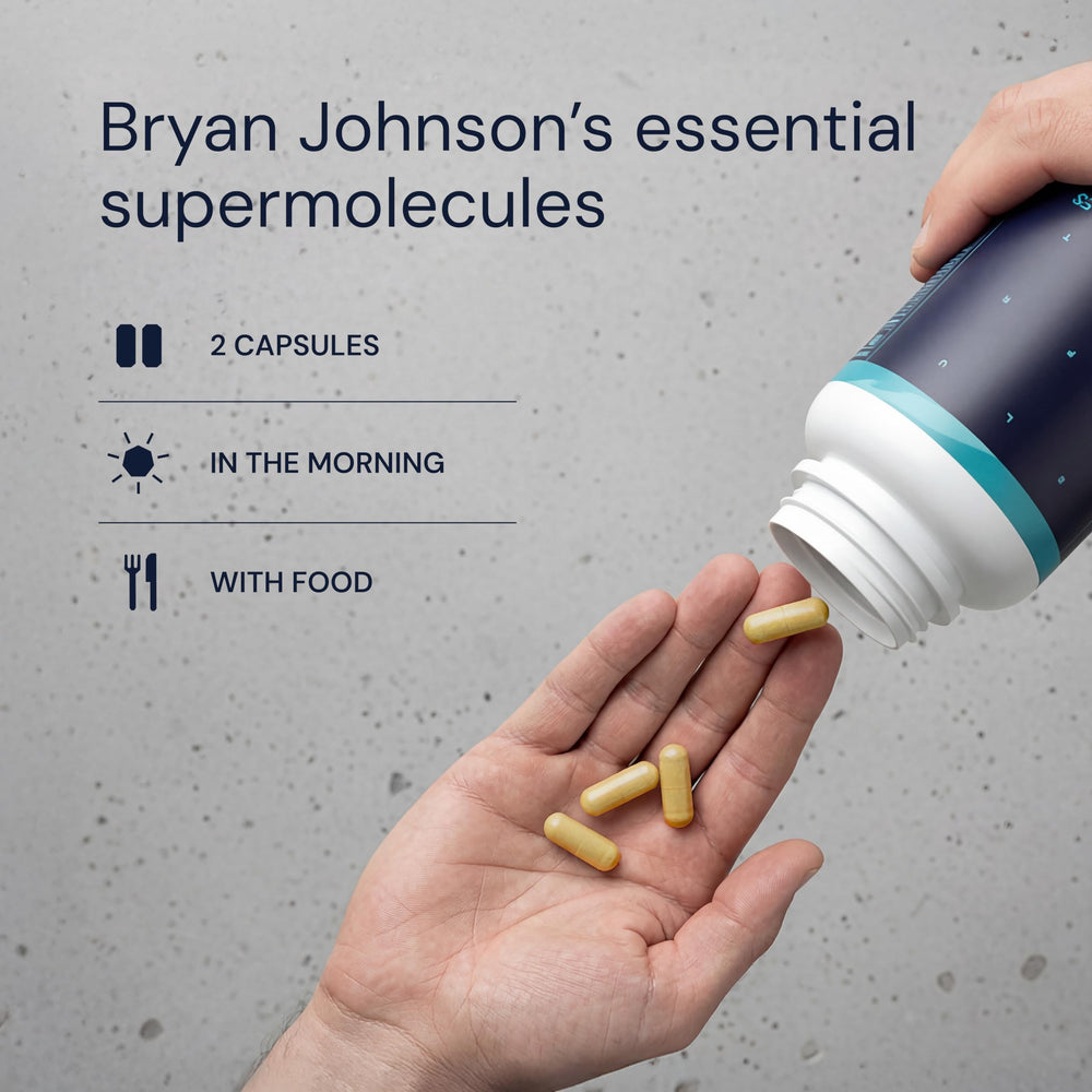 Blueprint Bryan Johnson Essential Capsules vegan-friendly formula on labeled bottle back