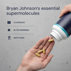 Blueprint Bryan Johnson Essential Capsules vegan-friendly formula on labeled bottle back