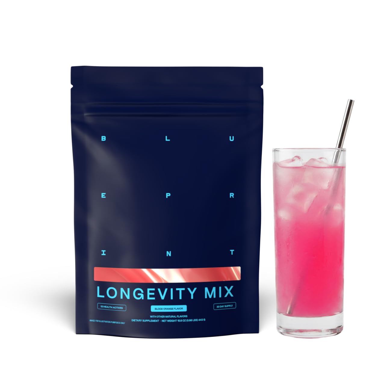 Blueprint Bryan Johnson Longevity Mix bottle shows vegan formula for daily recovery support.