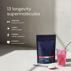 Blueprint Bryan Johnson Longevity Mix measuring scoop with 30 servings on the pack.