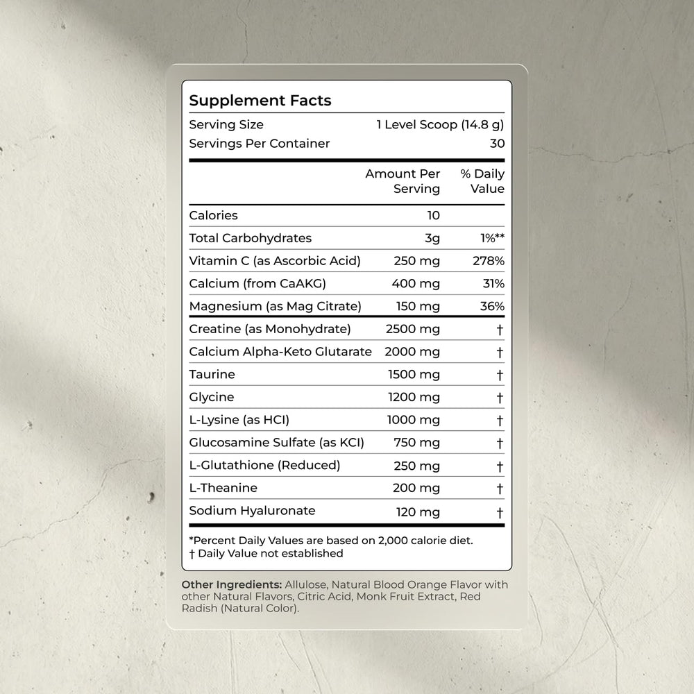 Blueprint Bryan Johnson Longevity Mix tub label highlights science-informed dosing of 13 ingredients.