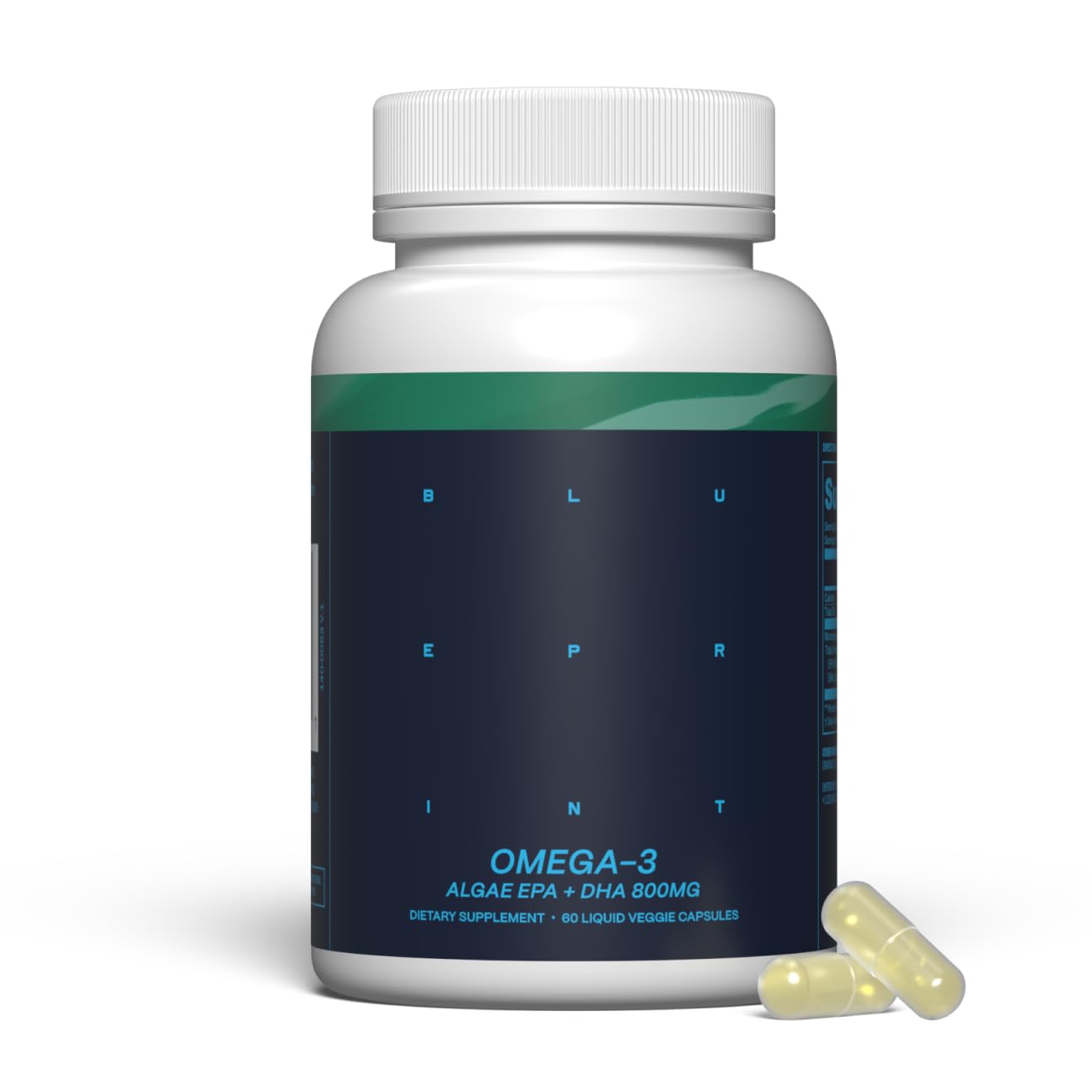 Blueprint Bryan Johnson Omega-3 bottle, vegan algae formula, for brain support.