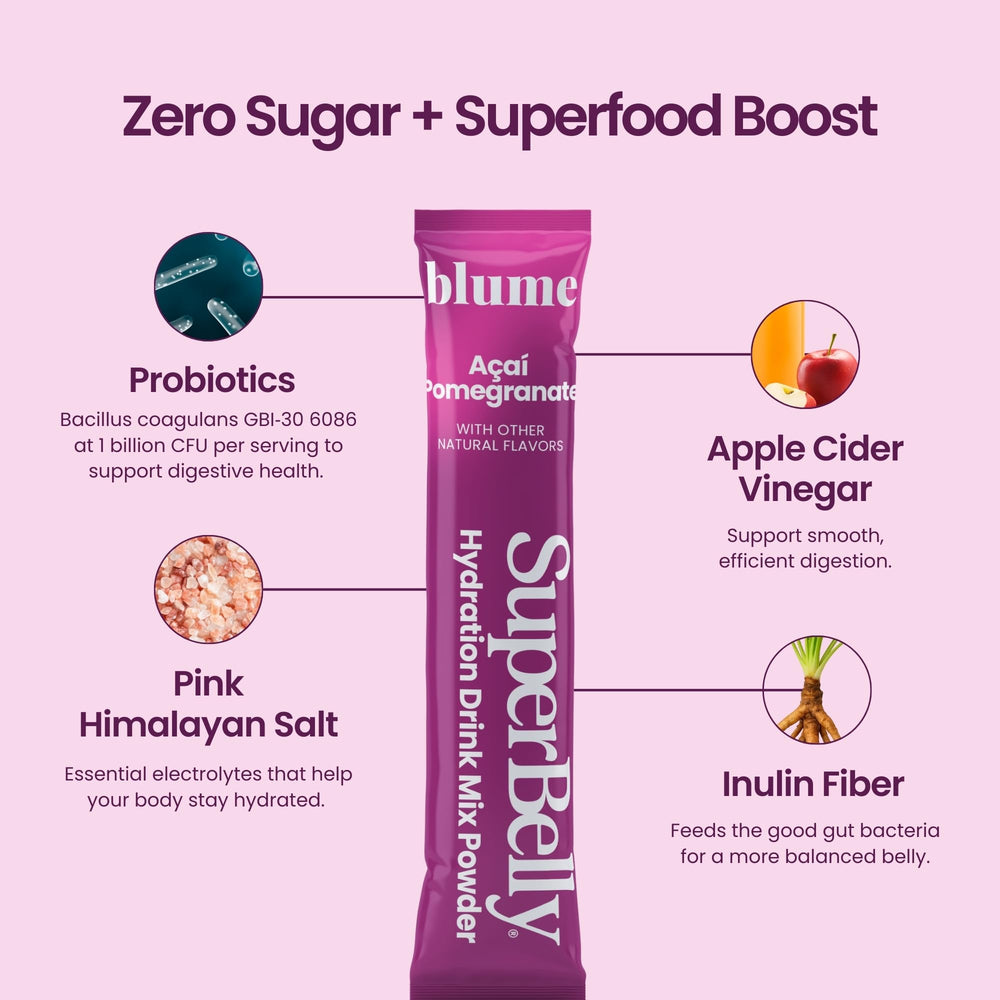 Blume SuperBelly apple cider vinegar packet in a glass of water
