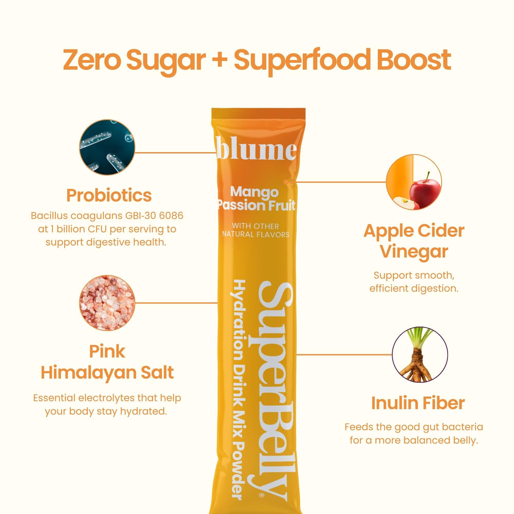 Blume SuperBelly BC30 probiotic powder designed to survive stomach acids for digestion.