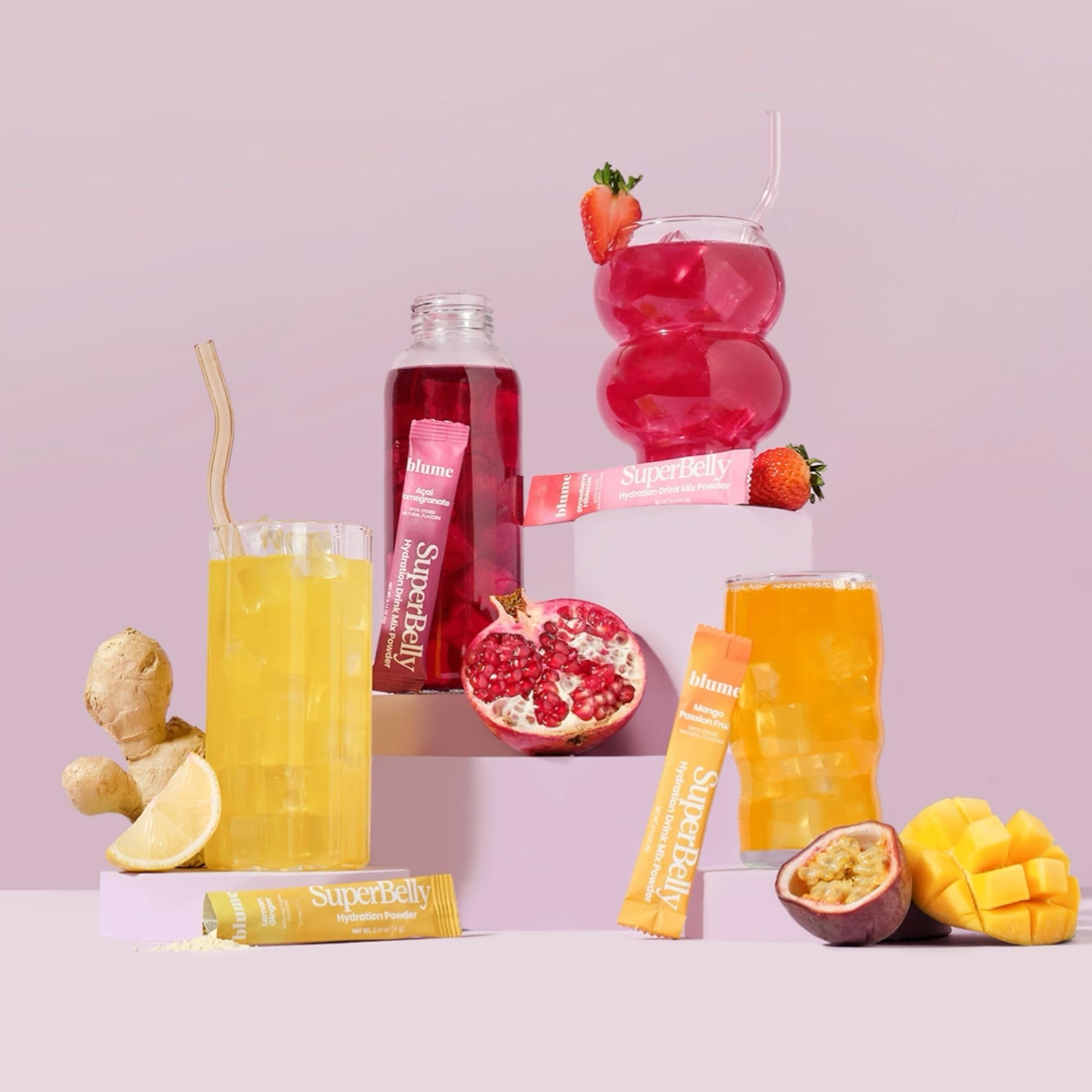 Blume SuperBelly CleanHub plastic-neutral certification highlights sustainable packaging.