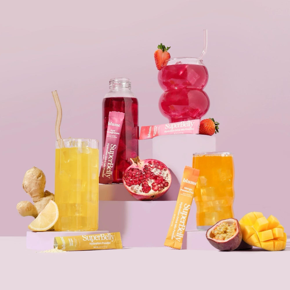 Blume SuperBelly CleanHub plastic-neutral certification highlights sustainable packaging.