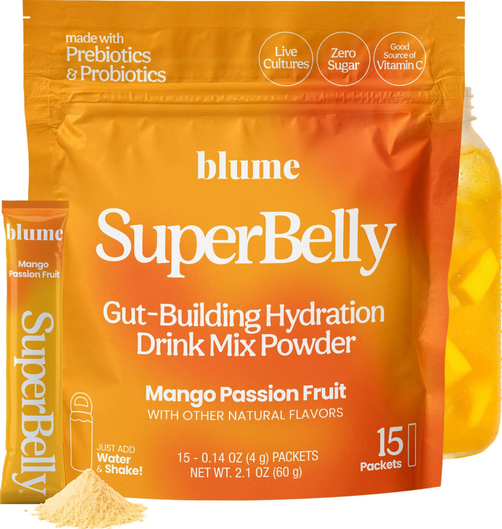 Blume SuperBelly mango passionfruit packets for refreshing hydration and gut-friendly flavor.