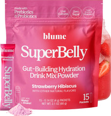 Blume SuperBelly strawberry hibiscus packet front for on-the-go hydration.
