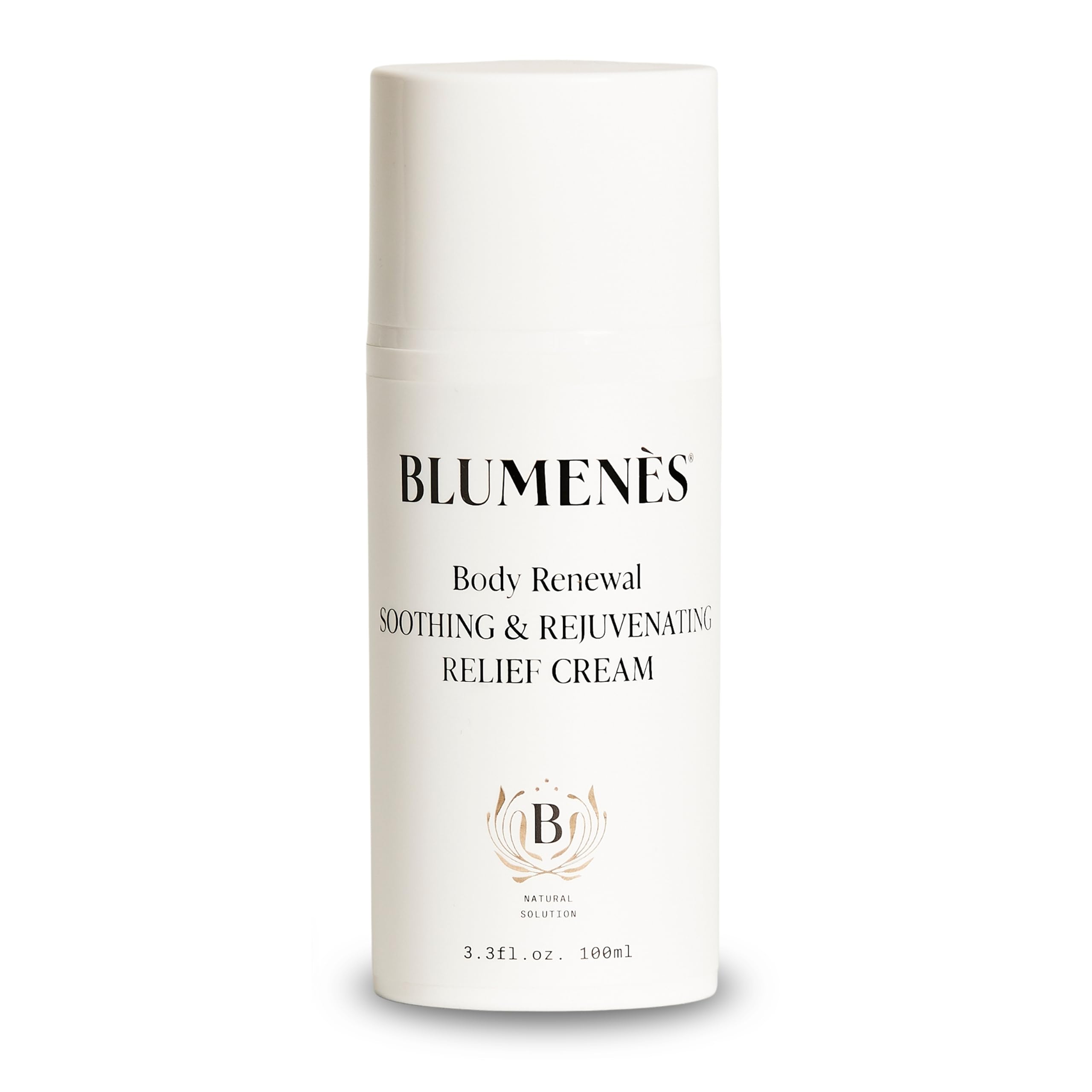 Blumenes Body Renewal hemp oil bottle highlights deep hydration for dry skin.