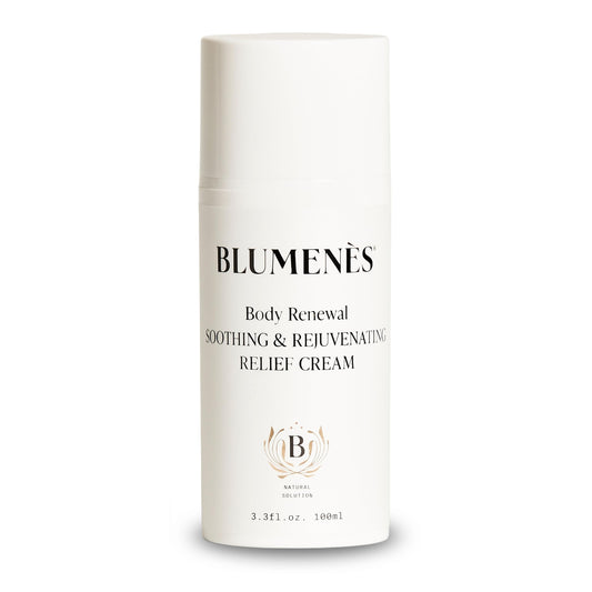 Blumenes Body Renewal hemp oil bottle highlights deep hydration for dry skin.