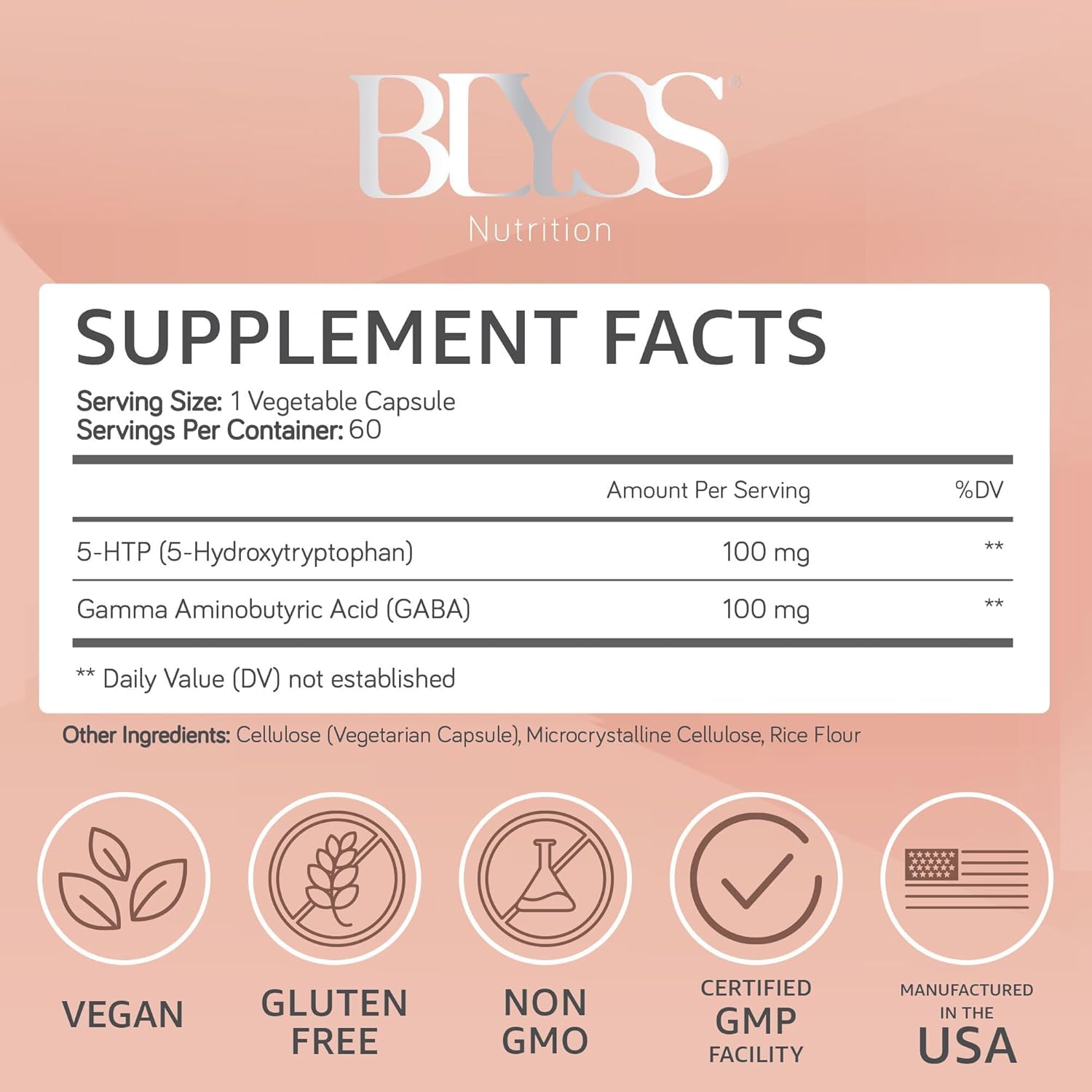 BLYSS Nutrition 5HTP + GABA bottle back label shows ingredients and quality.
