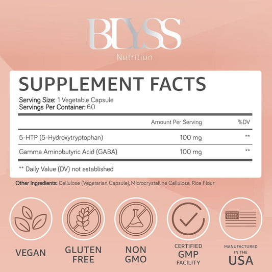 BLYSS Nutrition 5HTP + GABA bottle back label shows ingredients and quality.