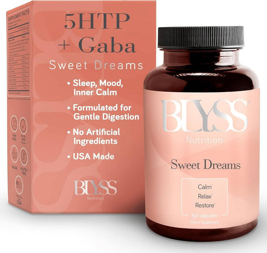 BLYSS Nutrition 5HTP + GABA bottle front promotes restful sleep and mood balance.