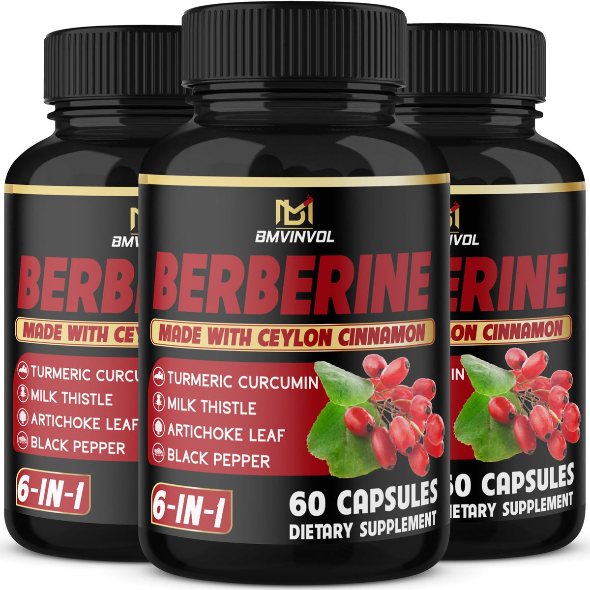 BMVINVOL Berberine 3-pack label on bottle for easy six-month supply