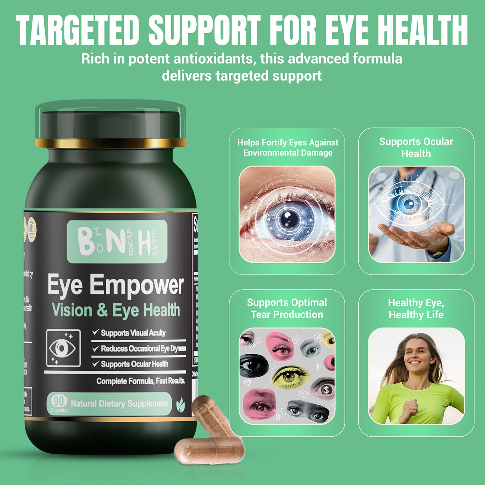 BNH Eye Empower dry eye relief bottle promotes natural moisture and comfort.