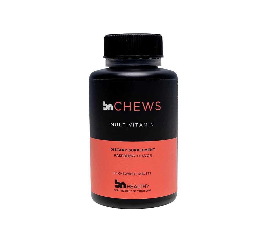 BNHealthy raspberry chewable vitamin bottle front for convenient daily nutrition