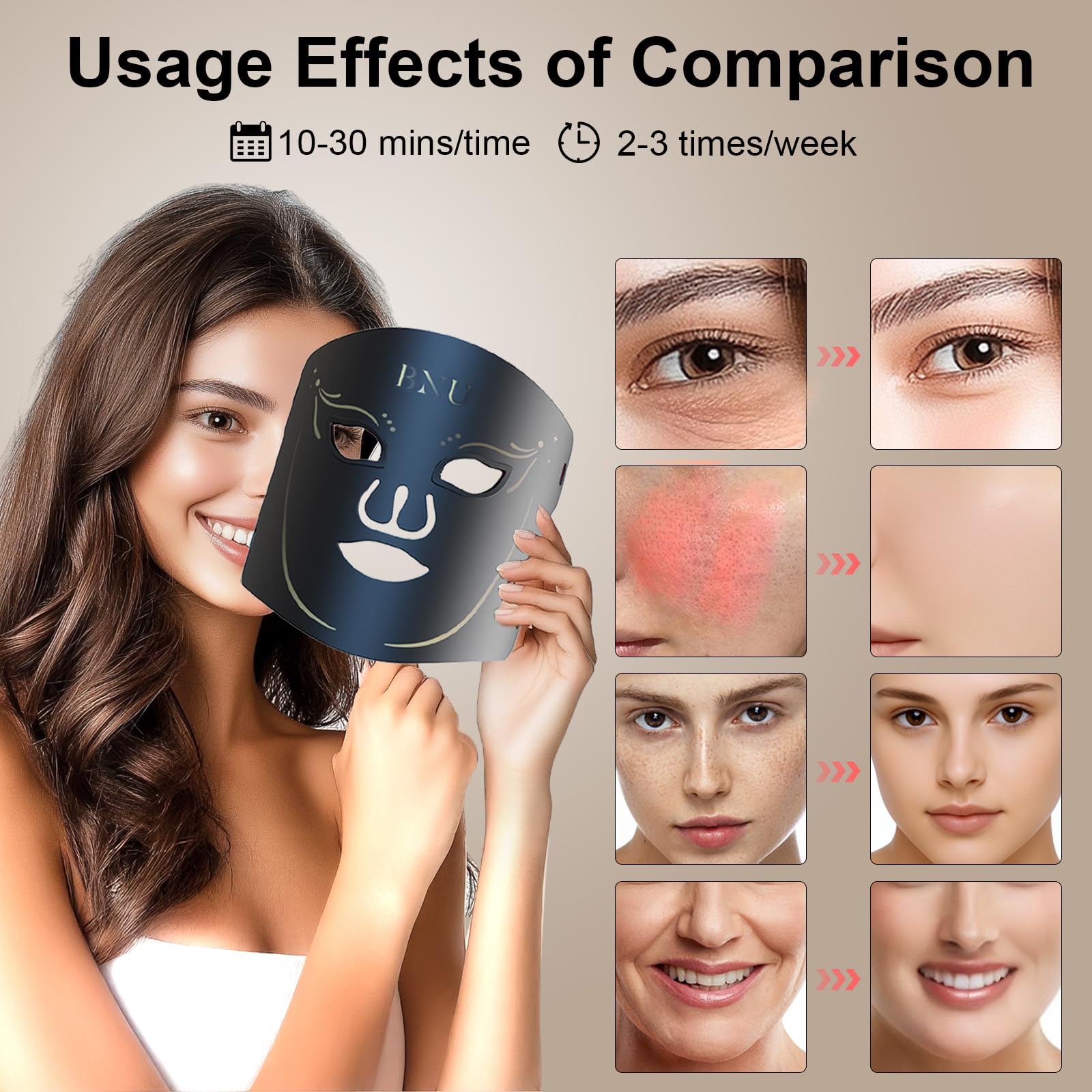 BNU red light at 630nm supports radiant skin and even tone.