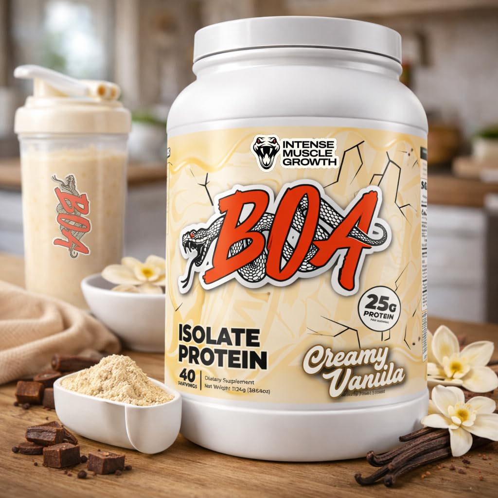 BOA Isolate Protein scoop pouring into a glass for a quick shake.