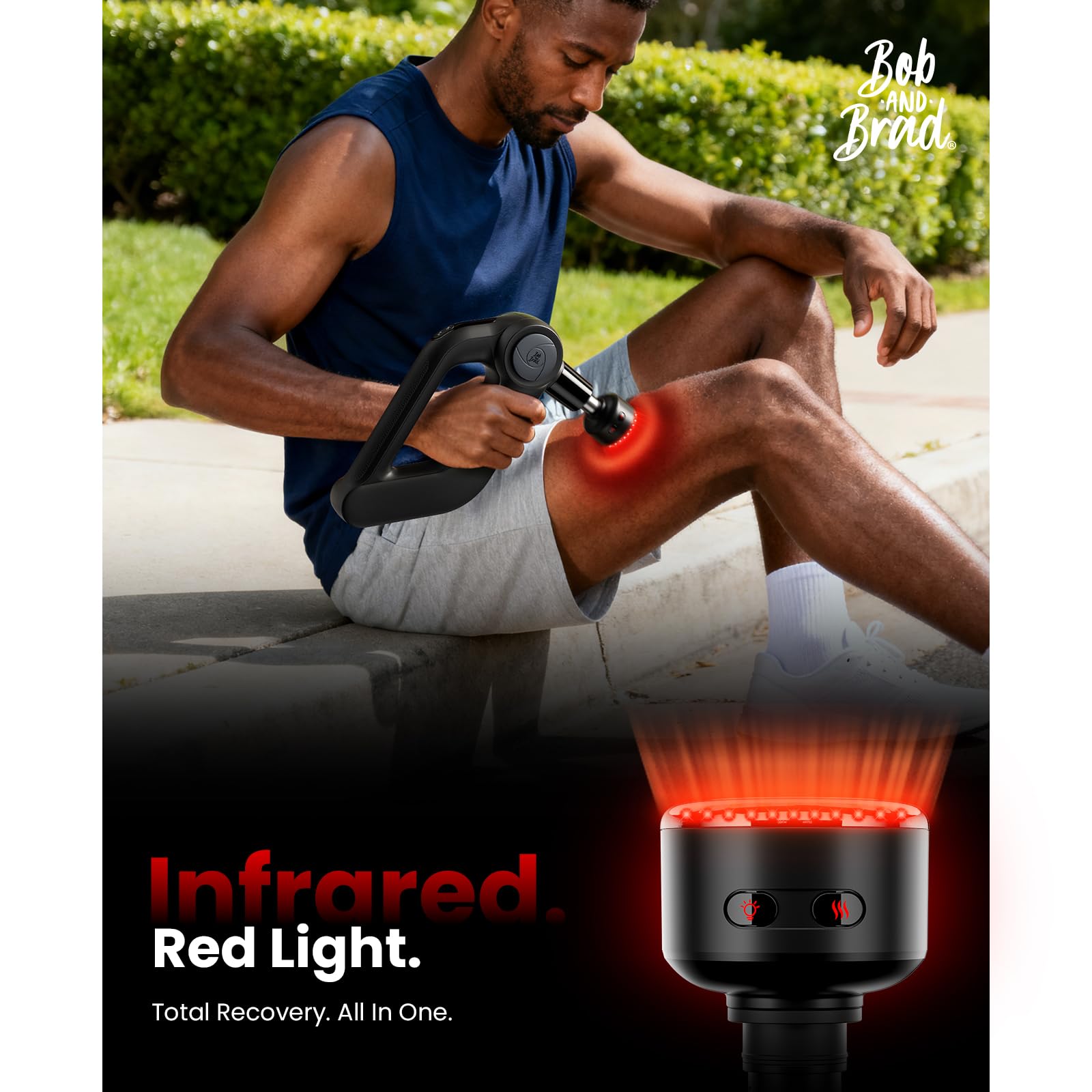 Bob and Brad D5 Ultra massage gun with heat head warming up muscles.
