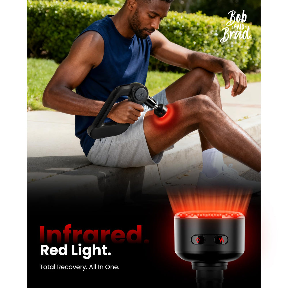 Bob and Brad D5 Ultra massage gun with heat head warming up muscles.
