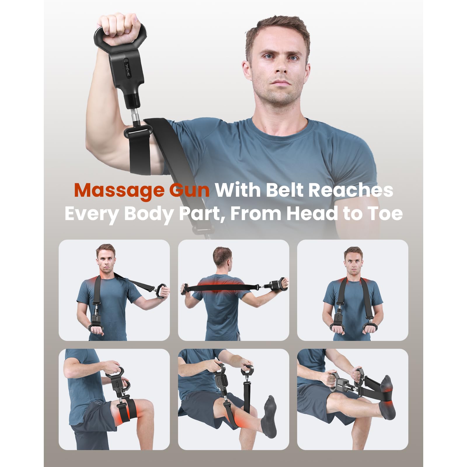 BOB AND BRAD massage gun strap attachment enables hands-free targeting of hard-to-reach areas.