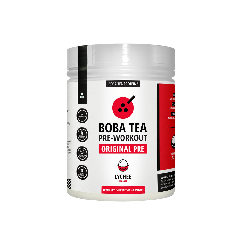 Boba Tea Protein Lychee pre-workout tub ready for a refreshing energy boost.