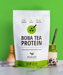 Boba Tea Protein Matcha Latte powder being poured for a quick shake.