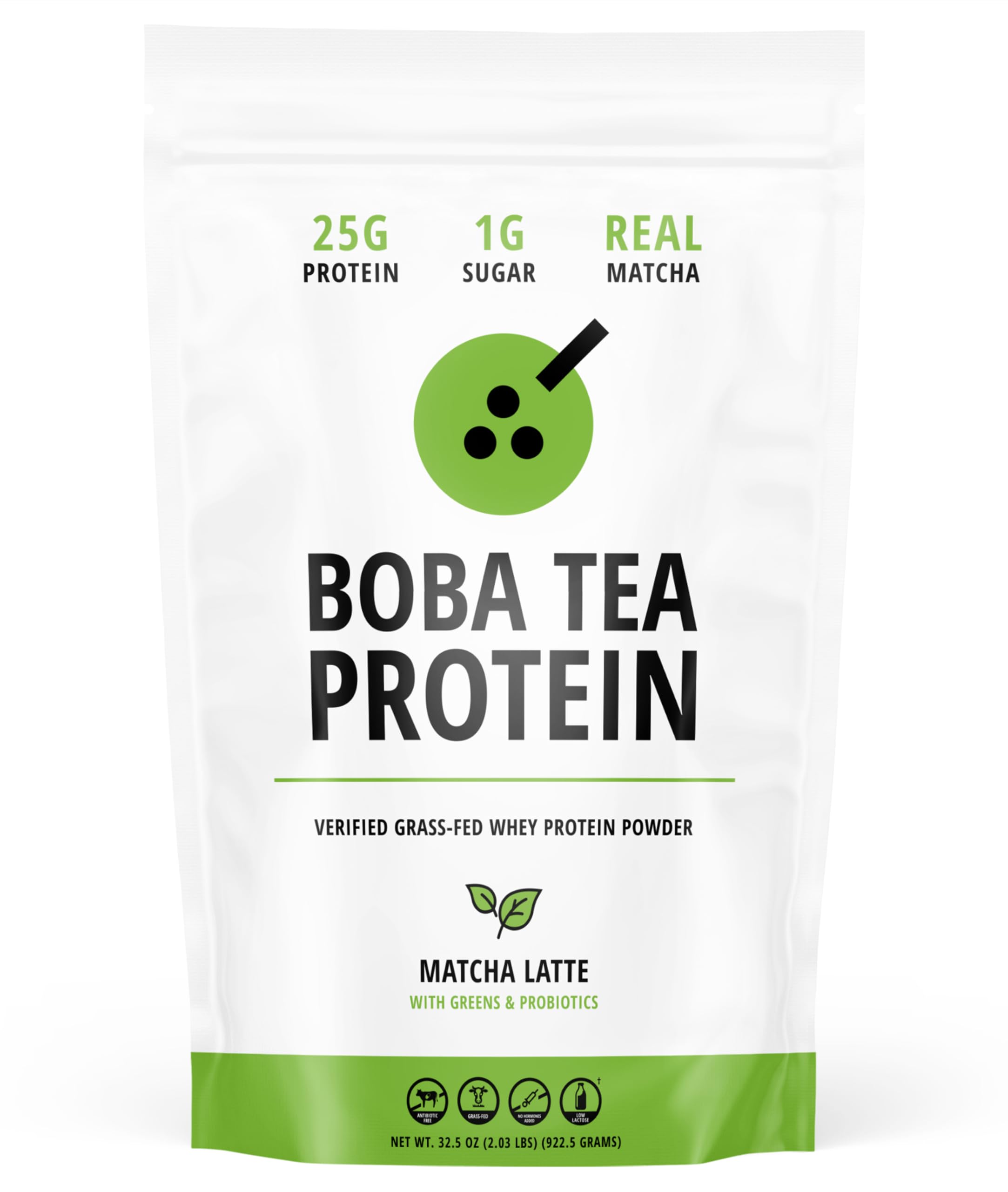 Boba Tea Protein Matcha Latte tub front, convenient protein boost for workouts.