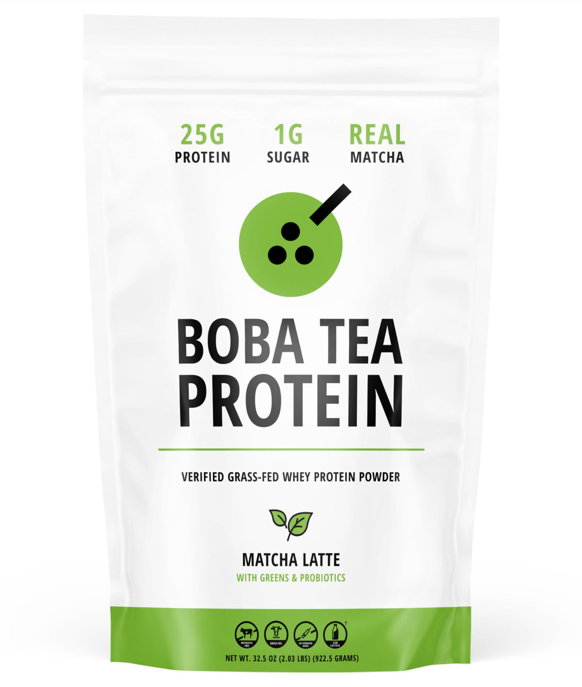 Boba Tea Protein Matcha Latte tub front, convenient protein boost for workouts.