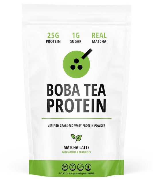 Boba Tea Protein Matcha Latte tub front, convenient protein boost for workouts.