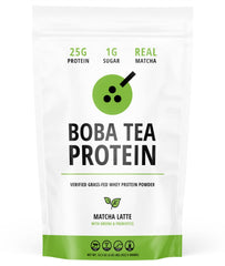 Boba Tea Protein Matcha Latte tub front, convenient protein boost for workouts.