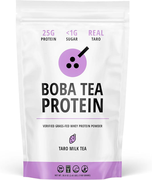 Boba Tea Protein taro milk powder in tin pack for high-protein drinks.