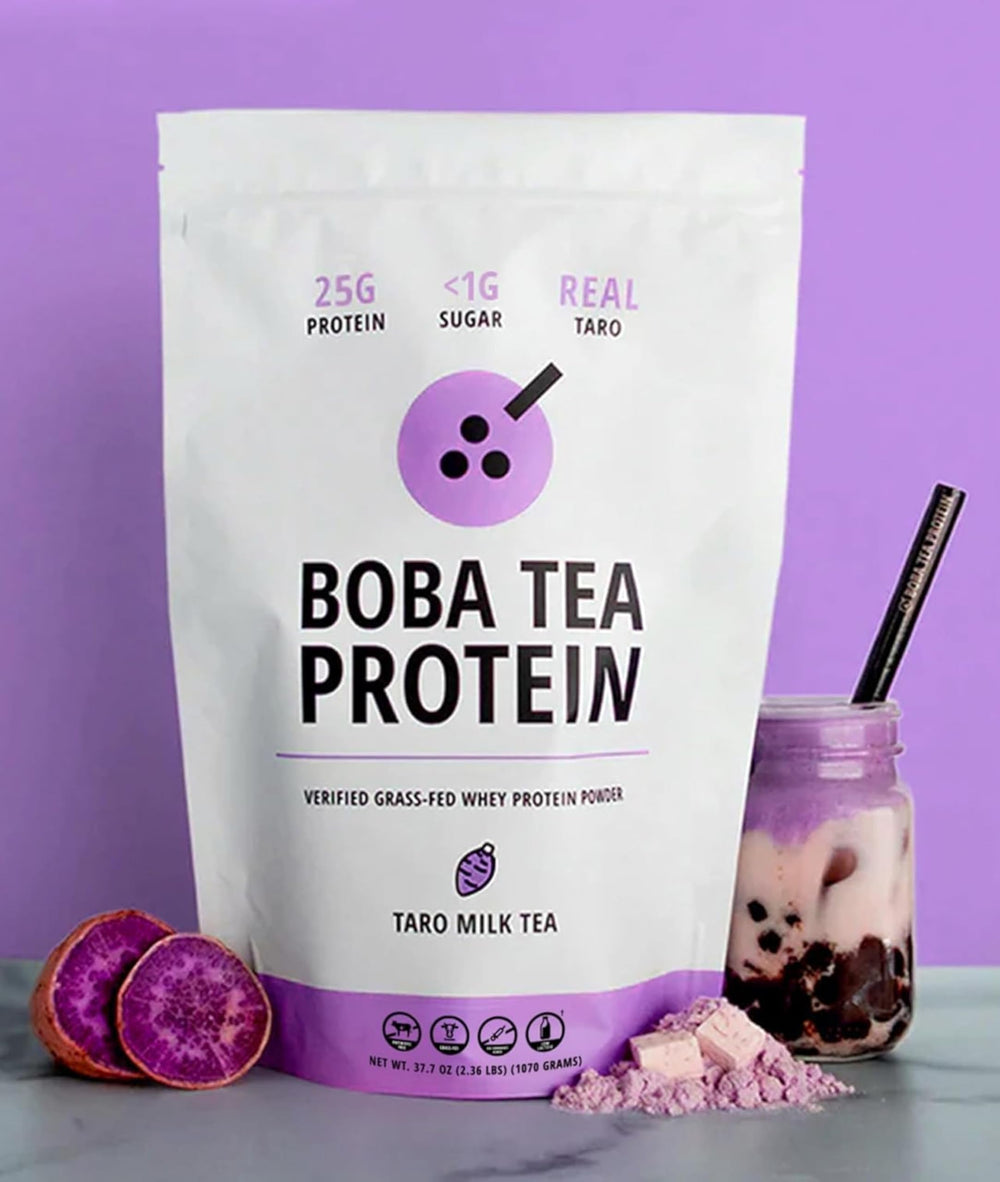 Boba Tea Protein taro powder closeup showing vibrant purple taro flavor.
