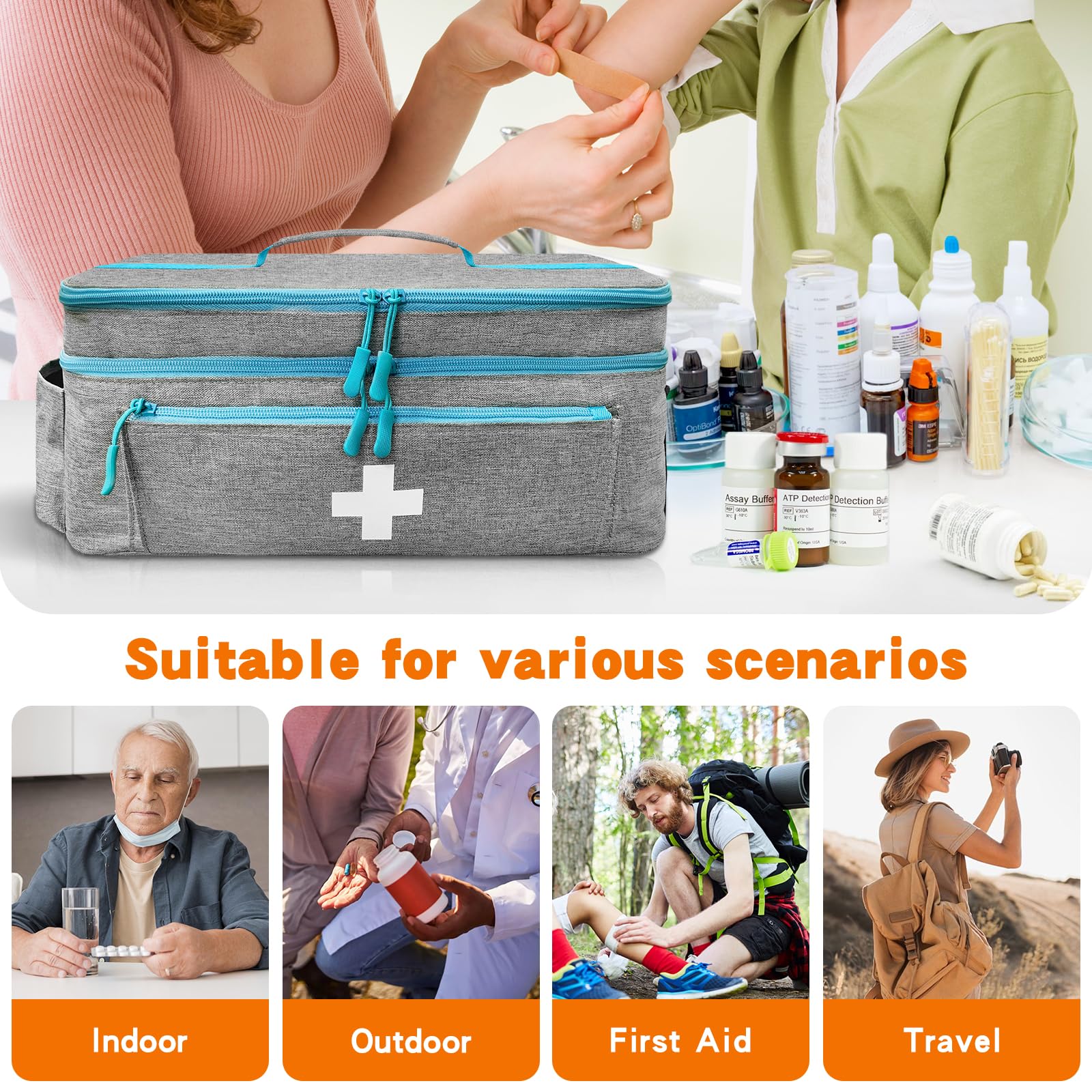 Boczif first aid kit bag multi-pocket system keeps tools organized.