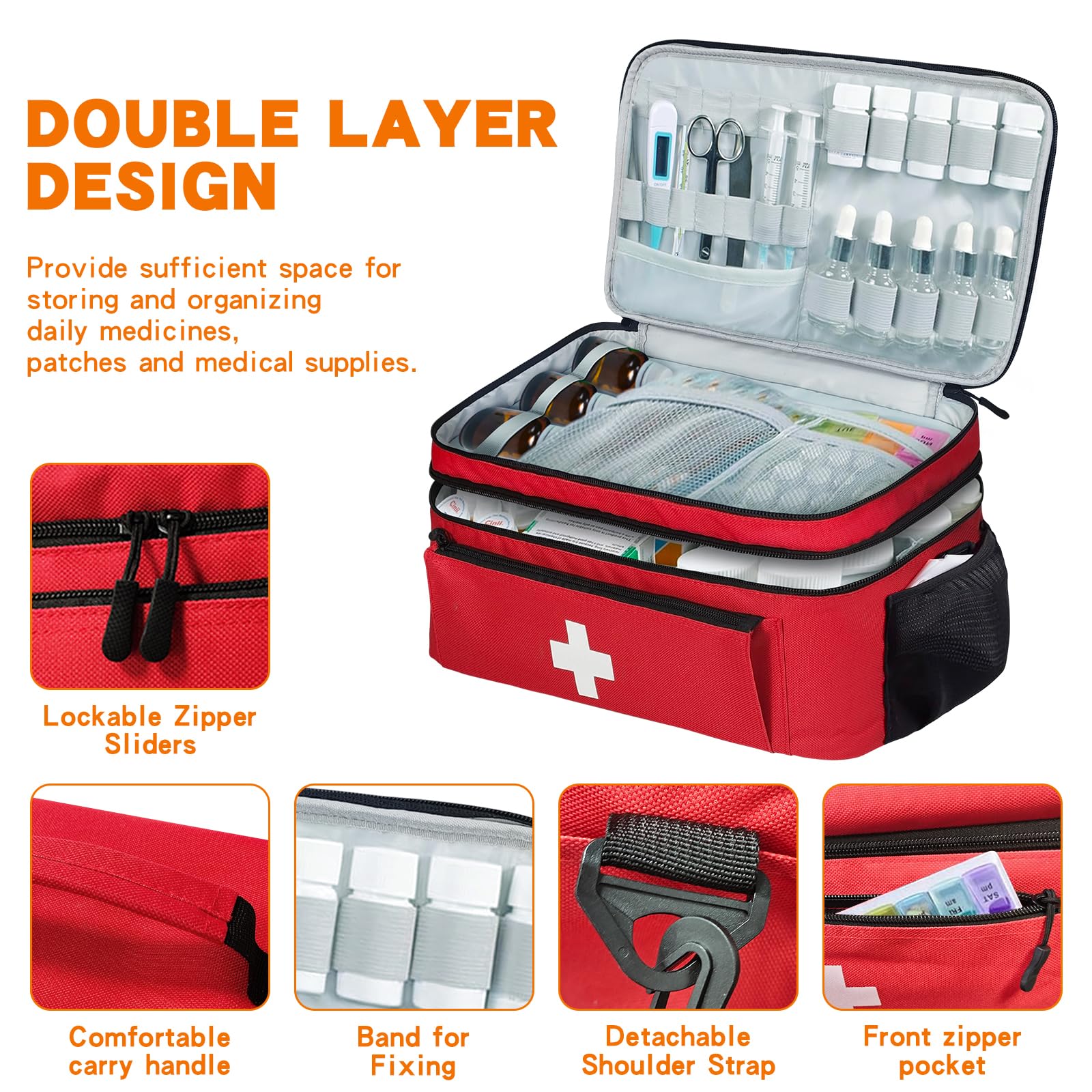 Boczif first aid kit bag top handle and dual zippers for quick access