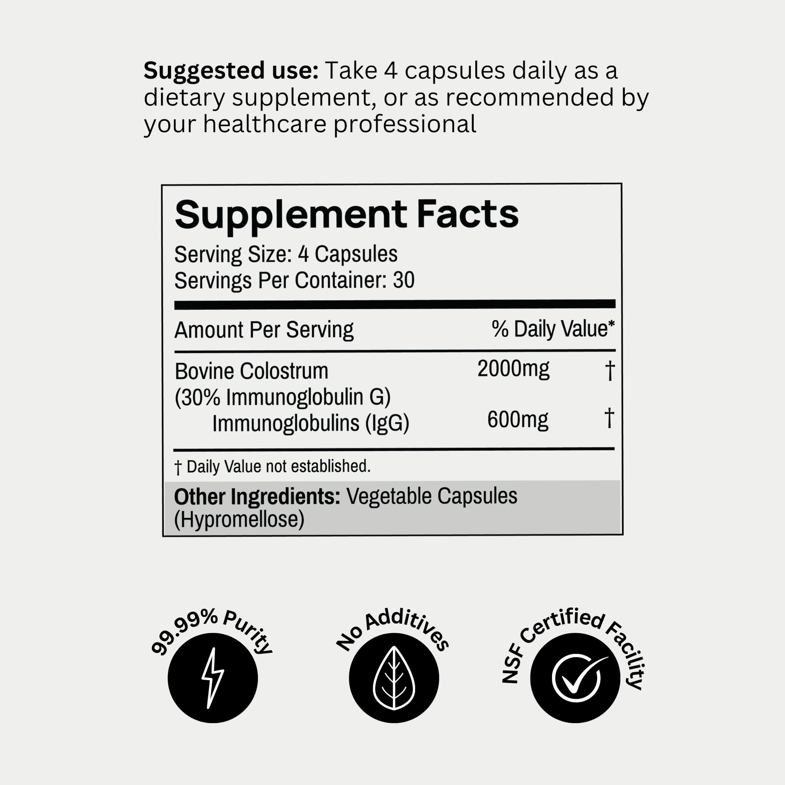 Label on Bod Colostrum Capsules noting 30 IgG content for immune support.