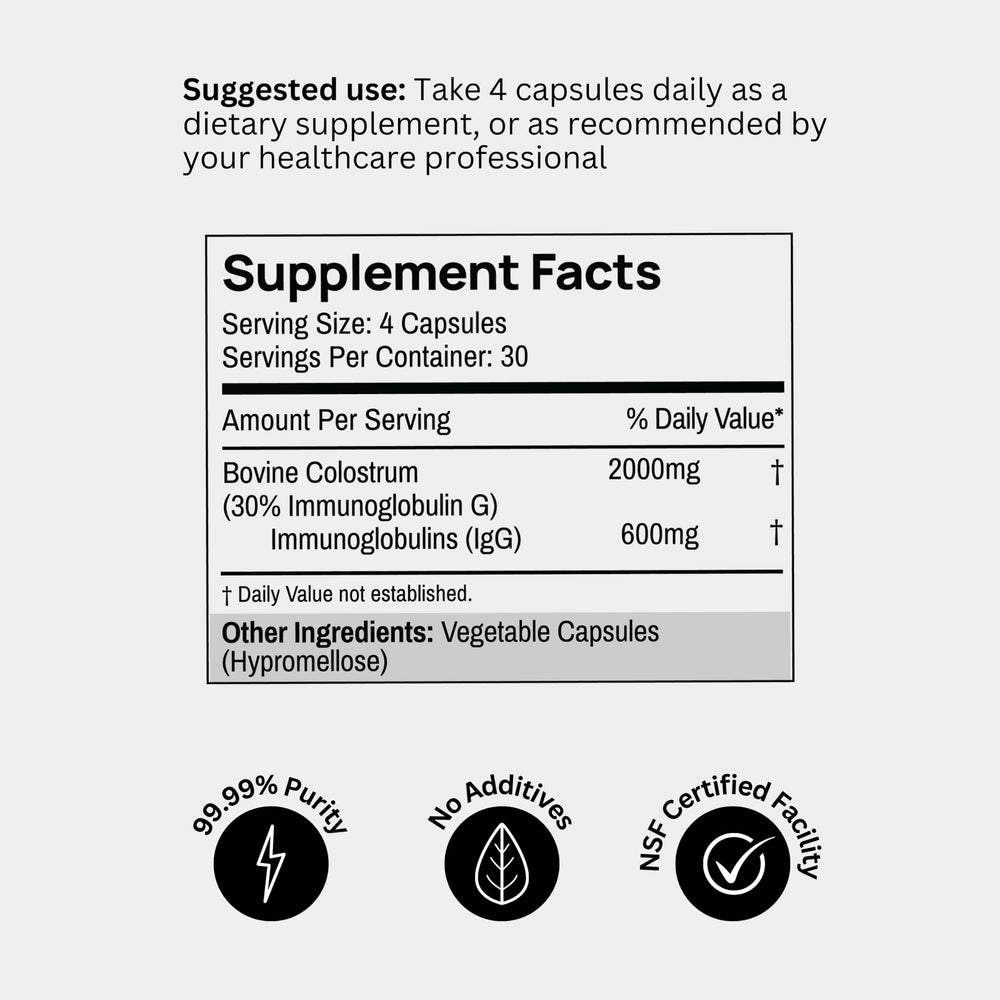 Label on Bod Colostrum Capsules noting 30 IgG content for immune support.