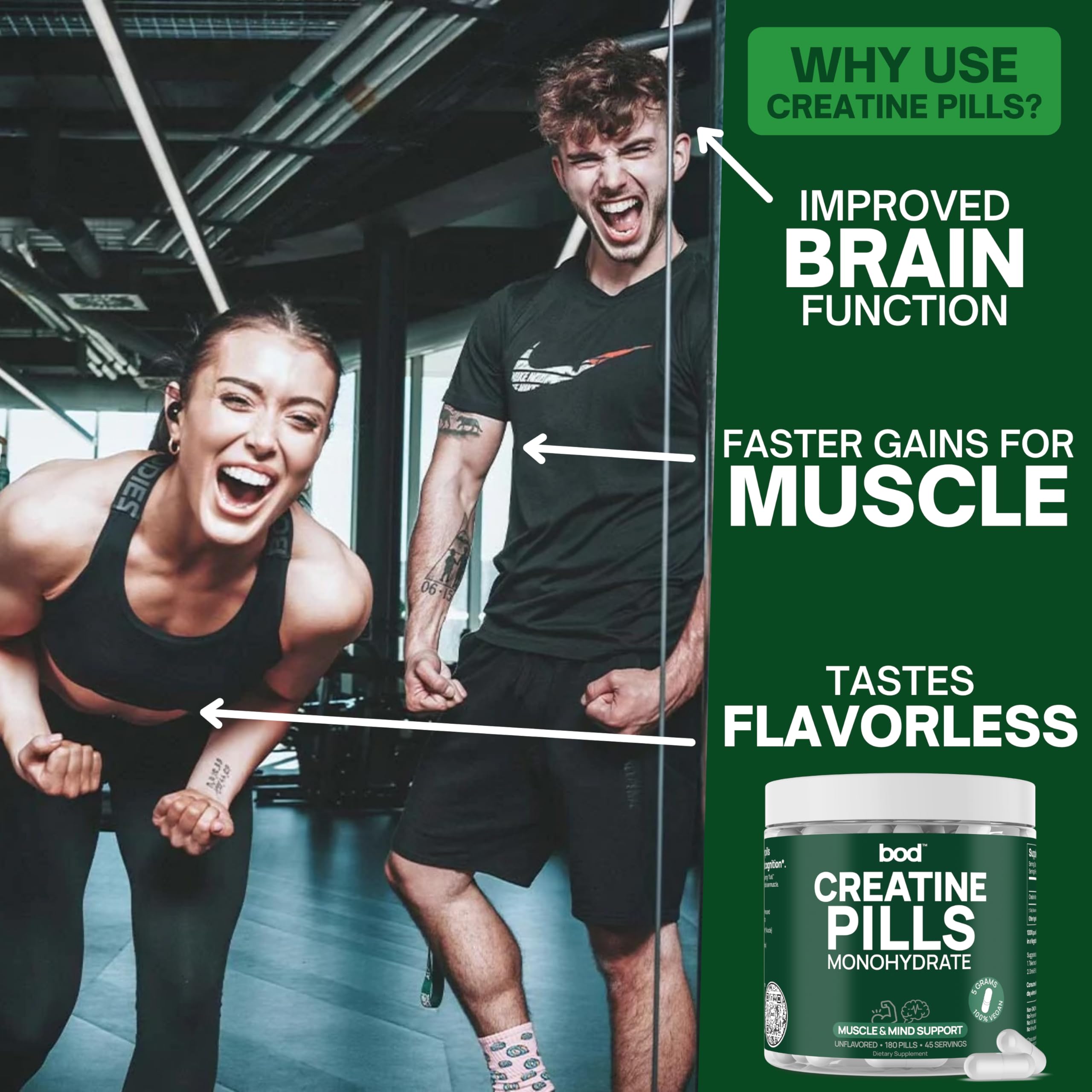 Bod creatine capsules five-gram serving for daily performance support.